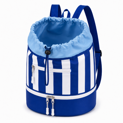 Compartiment principal ouvert et vide du sac de piscine enfant bleu marine à rayures