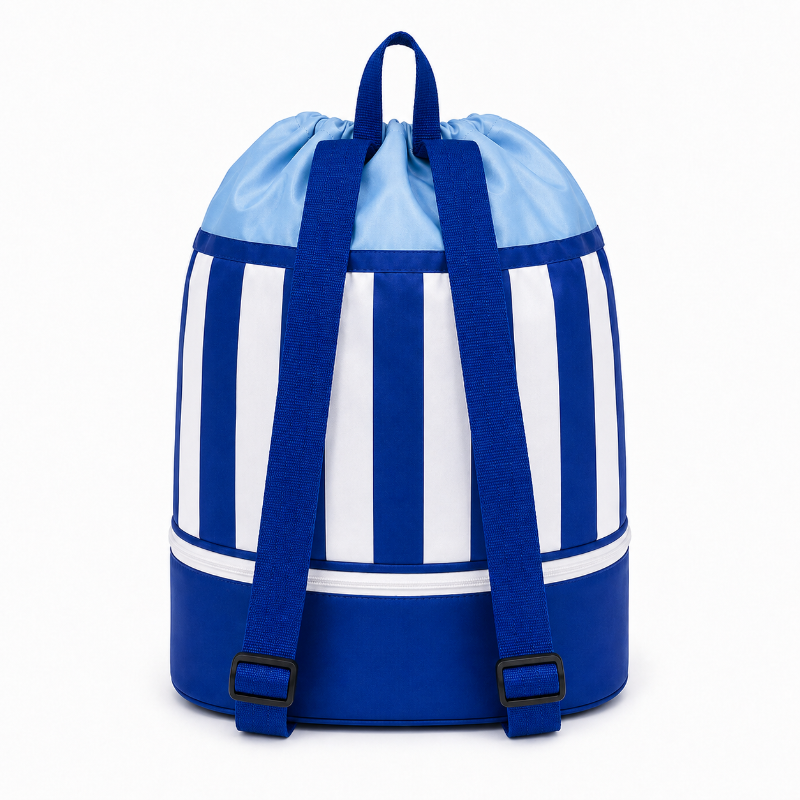 Vue arrière du sac de piscine enfant bleu marine à rayures avec poignée et bretelles réglables