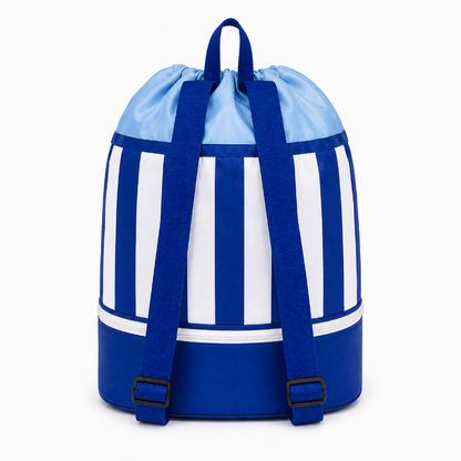 Vue arrière du sac de piscine enfant bleu marine à rayures avec poignée et bretelles réglables