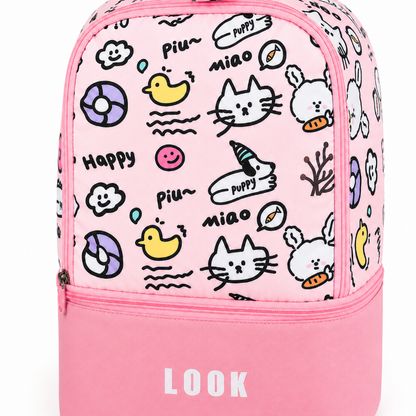 Détail des motifs colorés et du compartiment inférieur du sac de piscine enfant rose