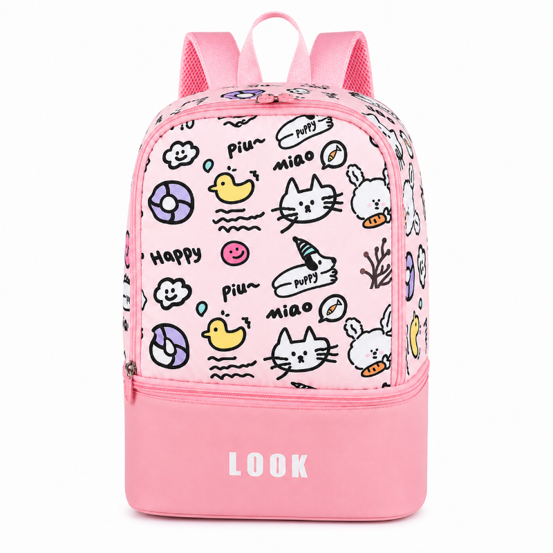Sac de piscine enfant rose à petits motifs colorés, vue de face