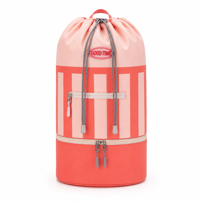 Sac de plage enfant corail à rayures avec poche avant, vue de face