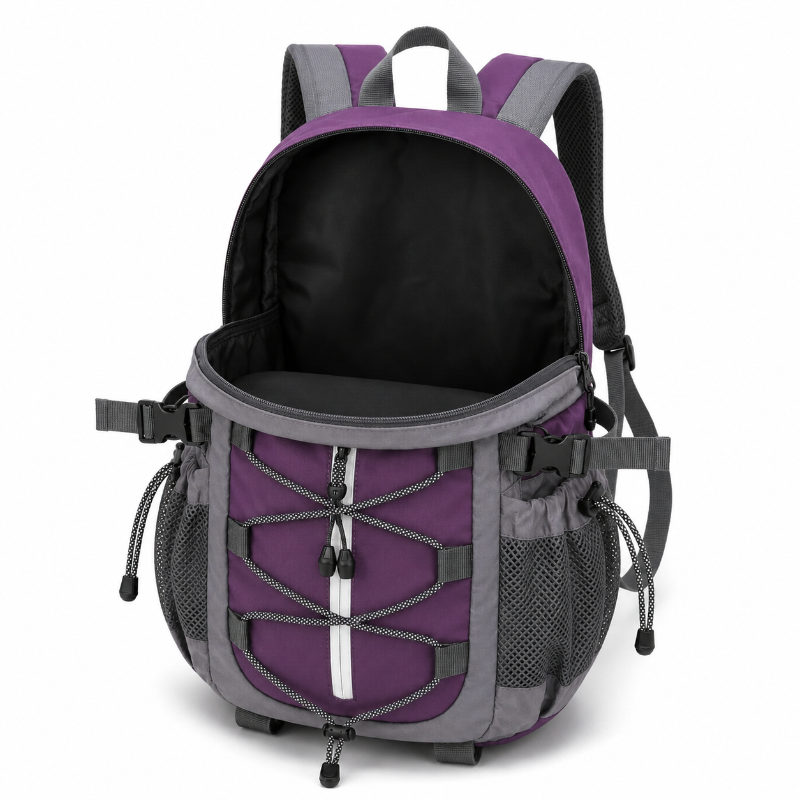 Compartiment principal ouvert du sac de randonnée enfant violet et gris