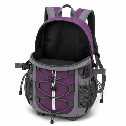 Compartiment principal ouvert du sac de randonnée enfant violet et gris