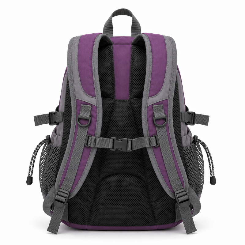 Vue arrière du sac de randonnée enfant violet avec bretelles rembourrées
