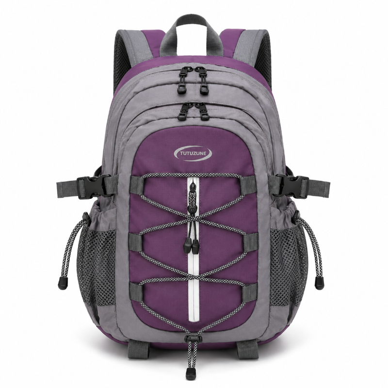 Sac de randonnée enfant violet et gris avec poches latérales, vue de face