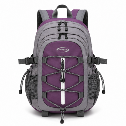 Sac de randonnée enfant violet et gris avec poches latérales, vue de face