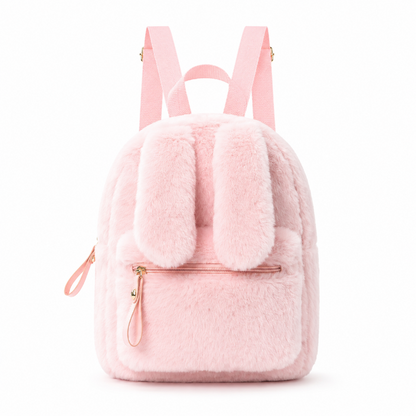 Sac de voyage fille lapin rose en matière duveteuse avec longues oreilles et poche avant, vue de face