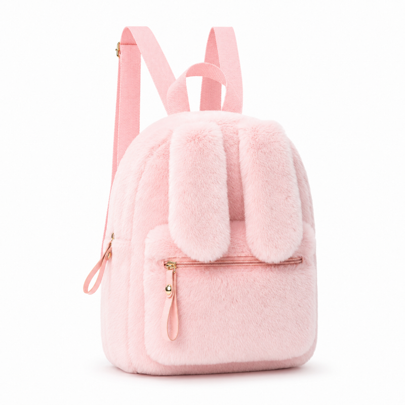 Sac de voyage fille lapin rose avec longues oreilles et fermetures dorées, vue de trois quarts