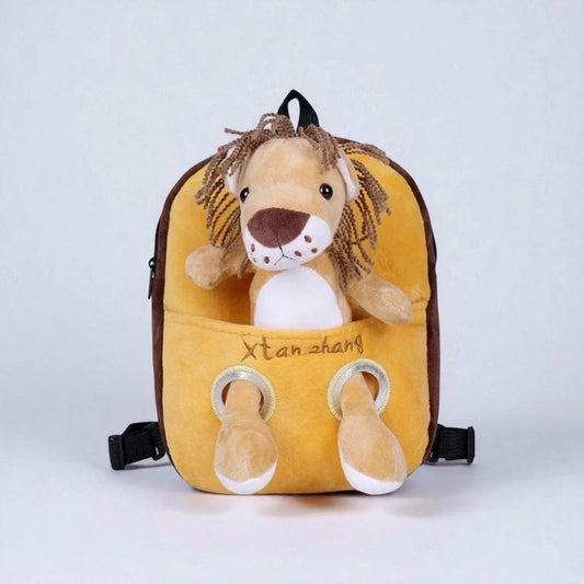 sac enfant crèche lion avec peluche intégrée vue de face
