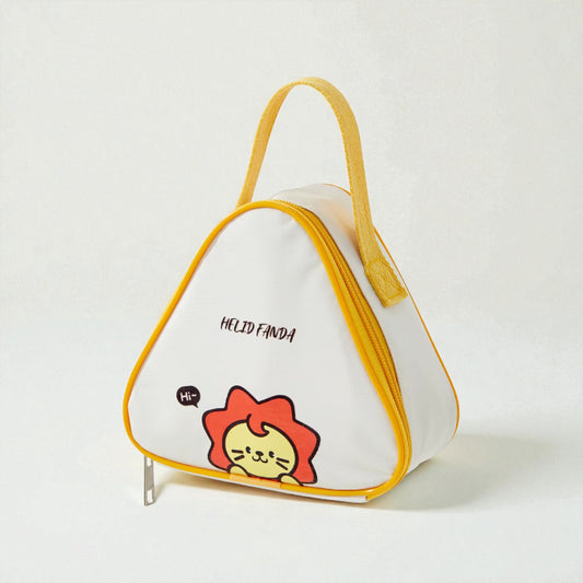 Sac gouter enfant isotherme triangulaire avec motif lion et poignée jaune.