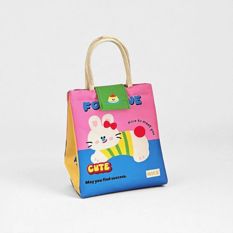 Sac isotherme repas enfant motif lapin rose, format lunch bag pour goûter et repas maternelle
