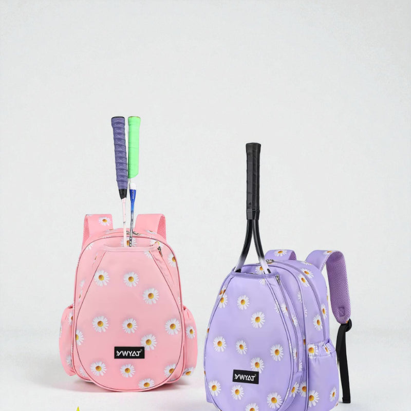 Deux sacs de tennis enfant à fleurs – coloris rose et violet, avec raquette