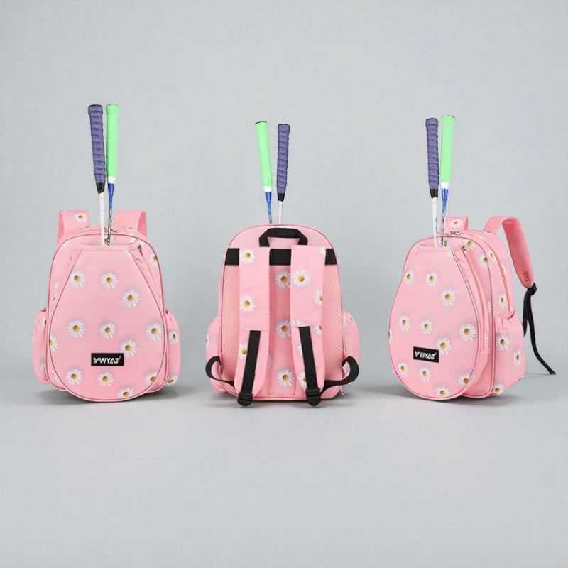  Sac tennis enfant fille rose imprimé fleurs – vues avant, dos et profil avec raquette
