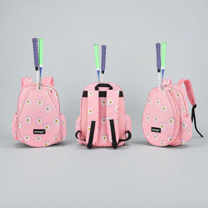  Sac tennis enfant fille rose imprimé fleurs – vues avant, dos et profil avec raquette