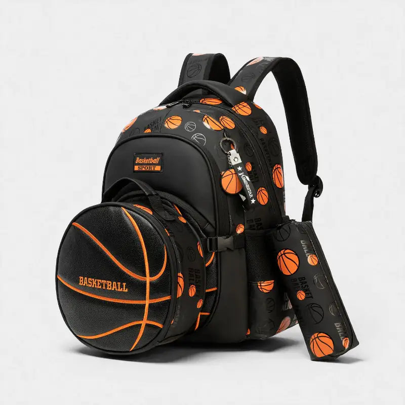 Cartable garçon 3 pièces motif Basketball avec lunch box ronde et trousse