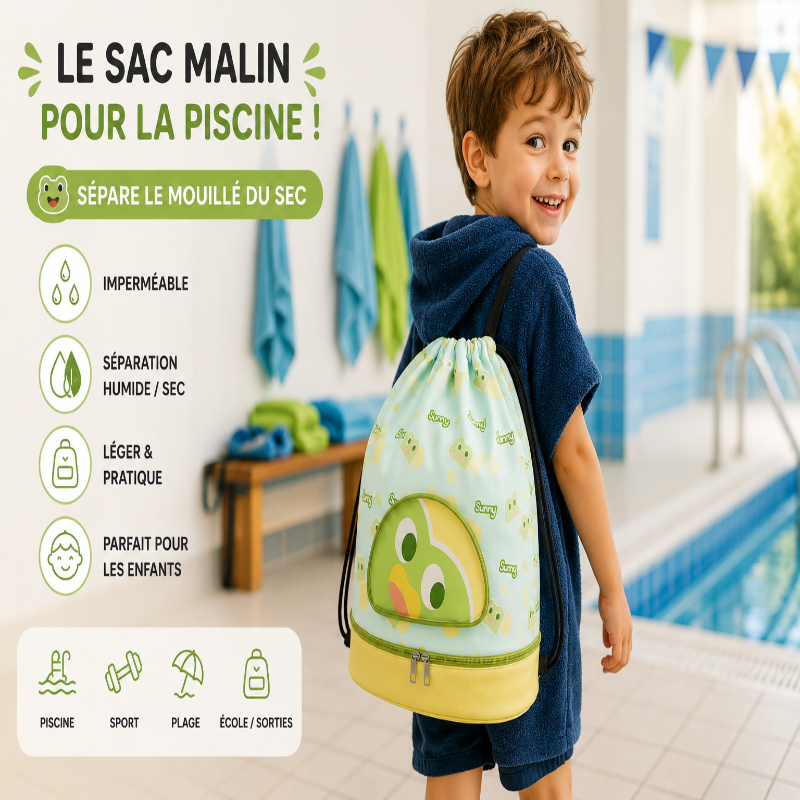 Enfant portant le sac de natation Sunny Frog au bord de la piscine 