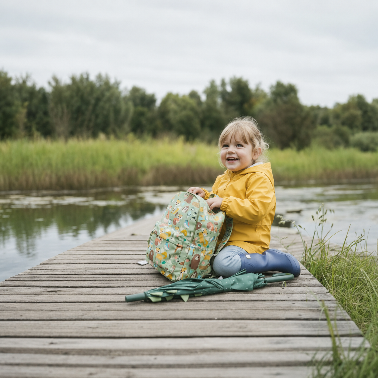 petite fille sur un pont qui ouvre son sac