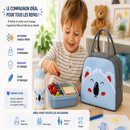 Enfant utilisant le sac isotherme enfant koala bleu pendant le repas