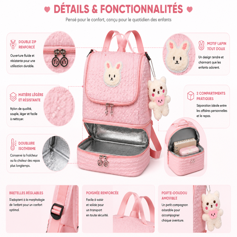  Détails et fonctionnalités du sac à dos enfant isotherme rose avec compartiments repas et bretelles réglables.