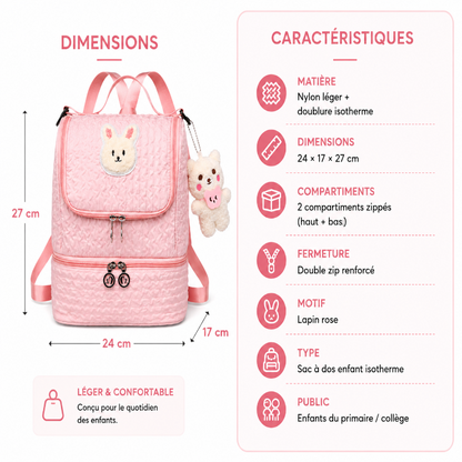 Dimensions et caractéristiques du sac à dos enfant isotherme rose avec compartiment repas et doublure isotherme.