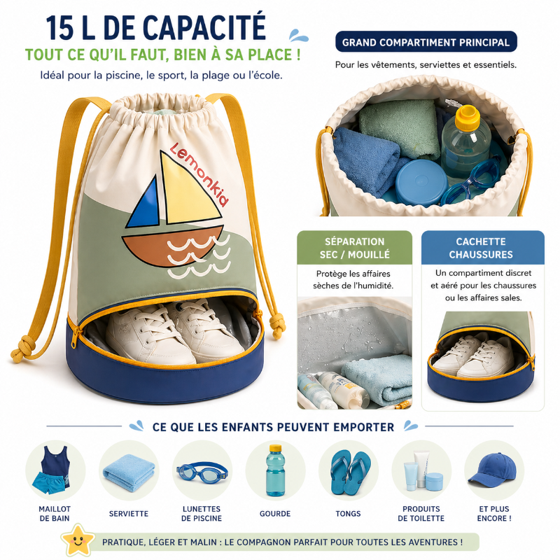 sac piscine enfant fun vert visuel capacite