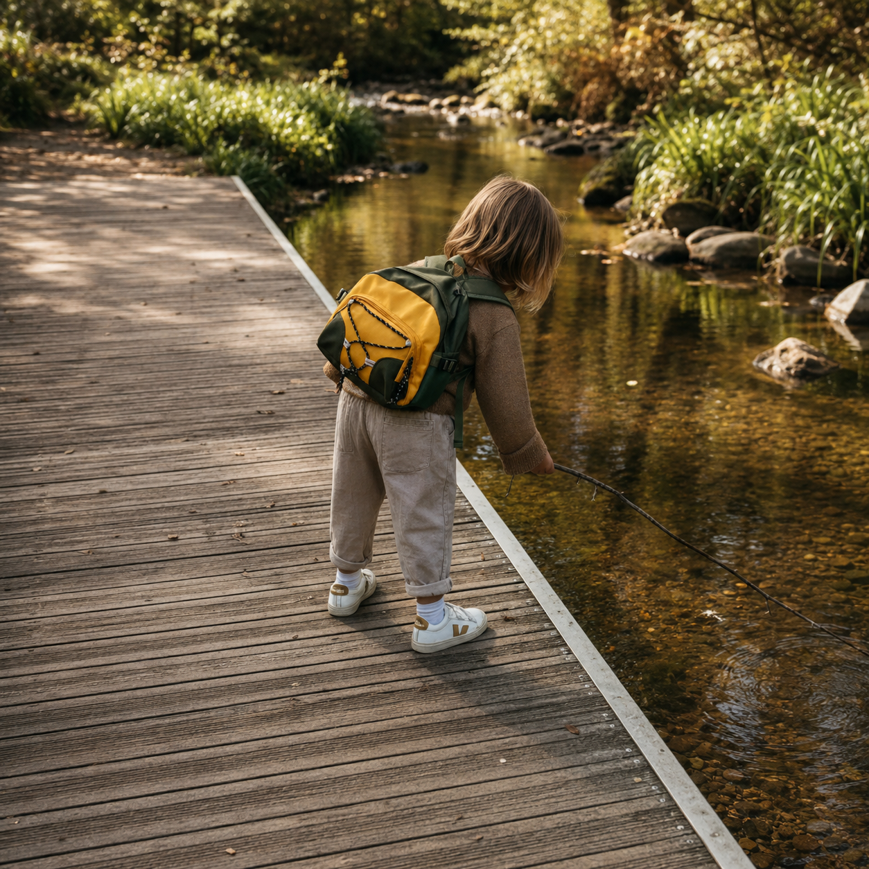 un enfant sur un lac avec un baton qui touche le lac 