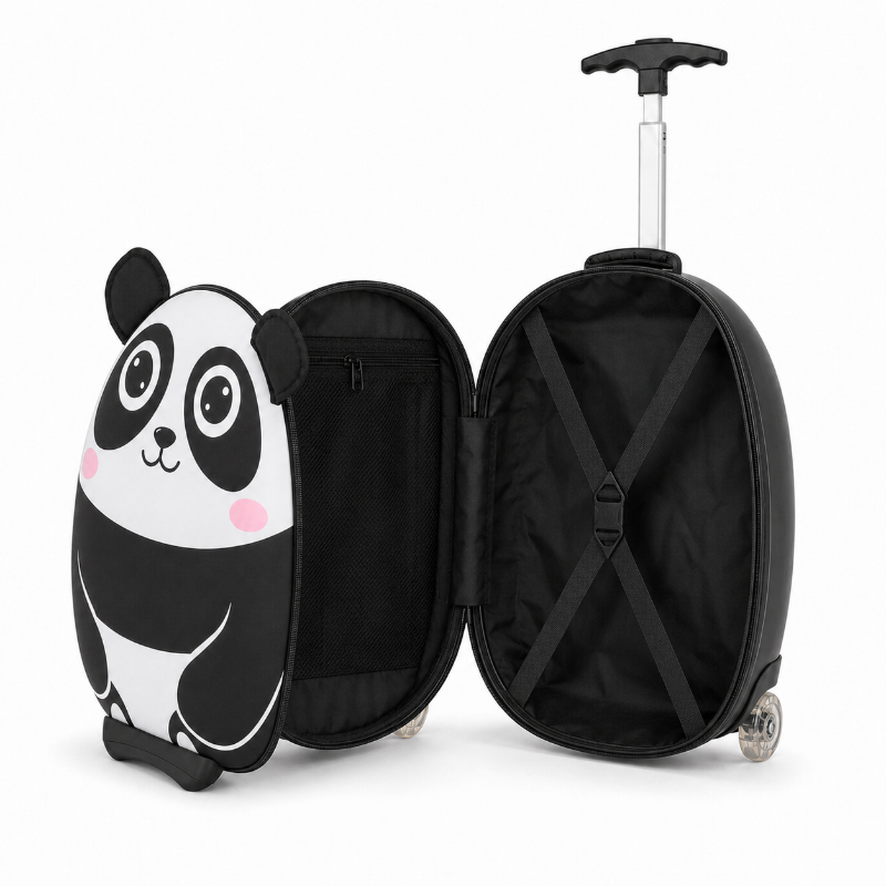 Intérieur ouvert de la valise à roulettes enfant panda