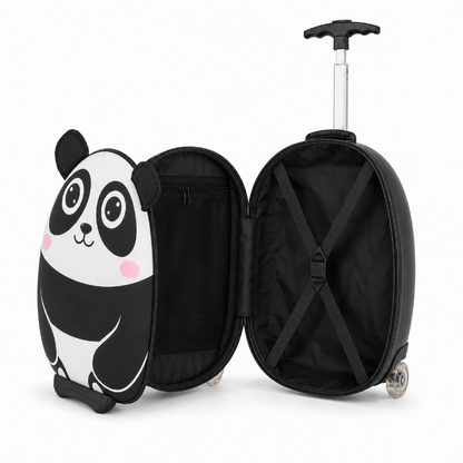 Intérieur ouvert de la valise à roulettes enfant panda