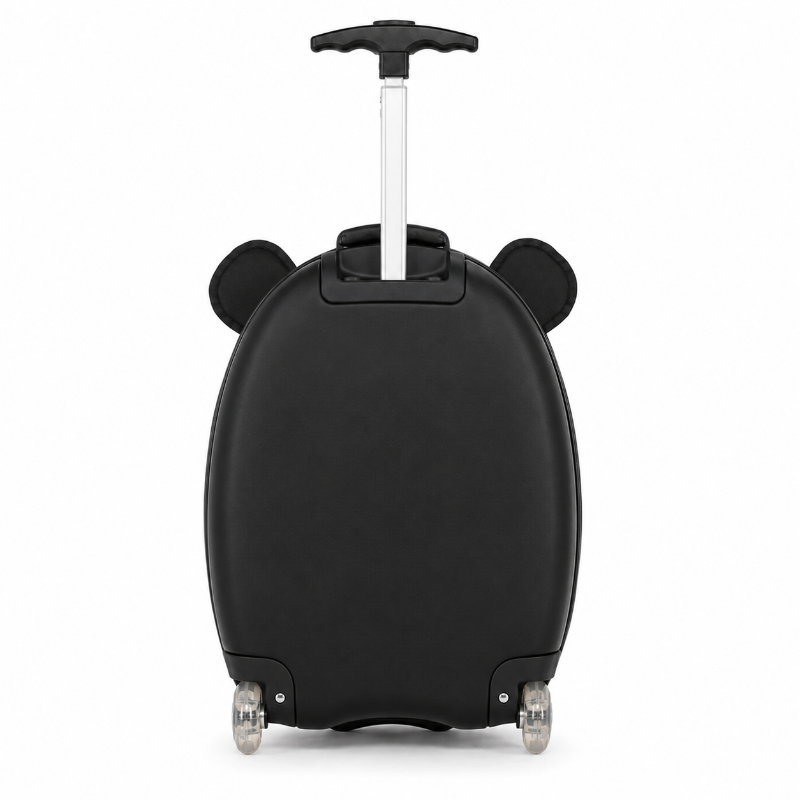 Vue arrière de la valise à roulettes enfant panda avec poignée télescopique