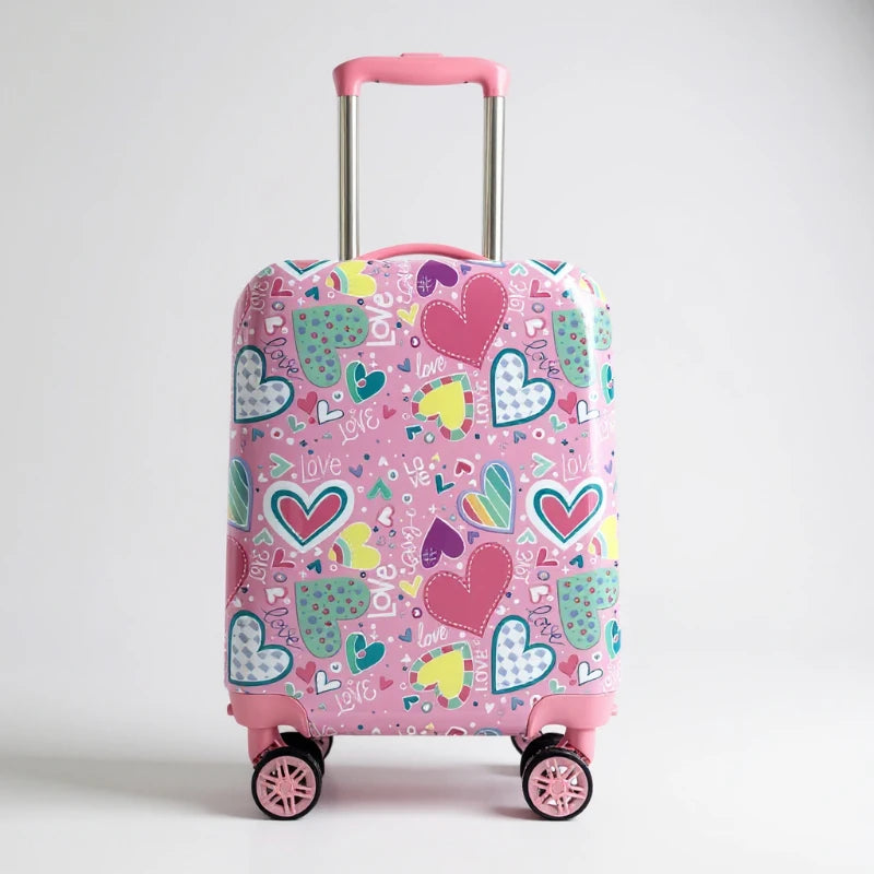 Valise enfant fille 10 ans cabine 16 pouces, roulettes pivotantes et motif cœurs colorés
