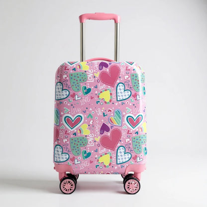 Valise enfant fille 10 ans cabine 16 pouces, roulettes pivotantes et motif cœurs colorés
