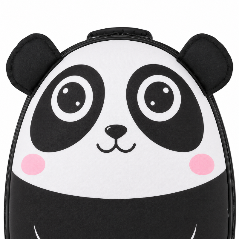 Détail du visage et des oreilles de la valise enfant panda