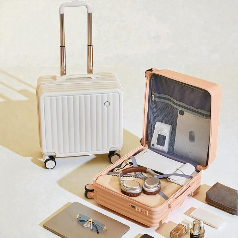 Valise enfant à roulettes format cabine ouverte et fermée avec rangements