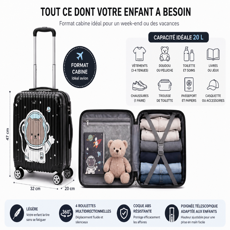 valise cabine enfant Space Bear visuel capacités 