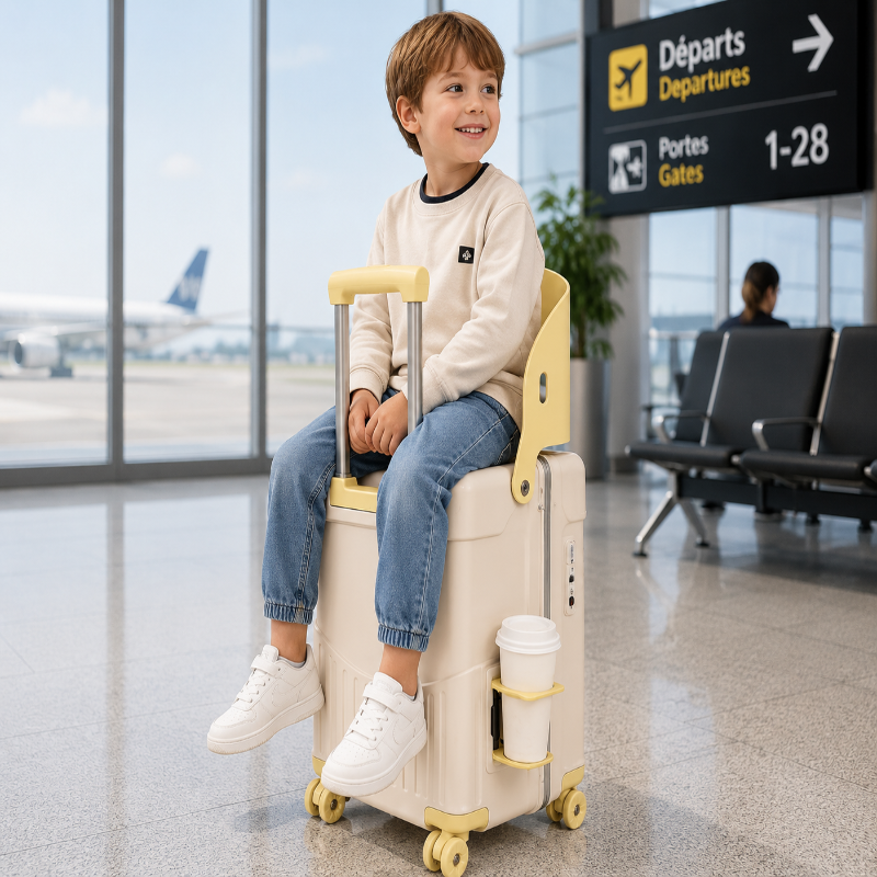 valise enfant avec assise jaune assis 