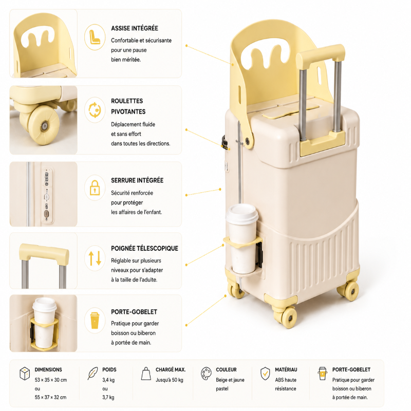valise enfant avec assise jaune infos