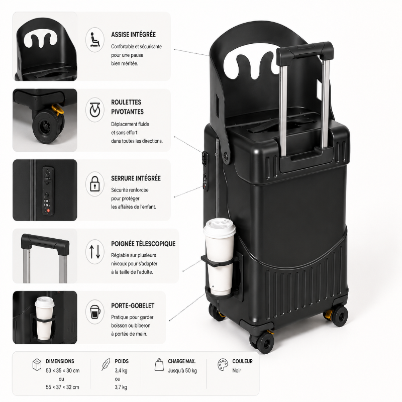 valise enfant avec assise noir visuel detail