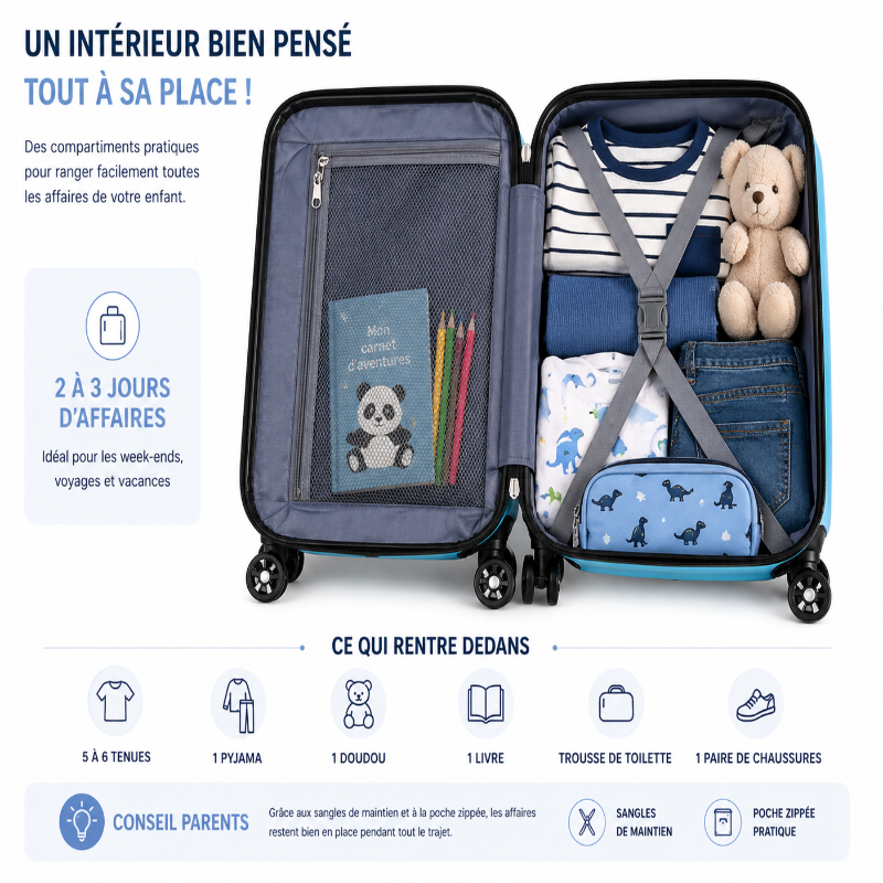 valise roulette enfant oiseau bleu  visuel compartiments 