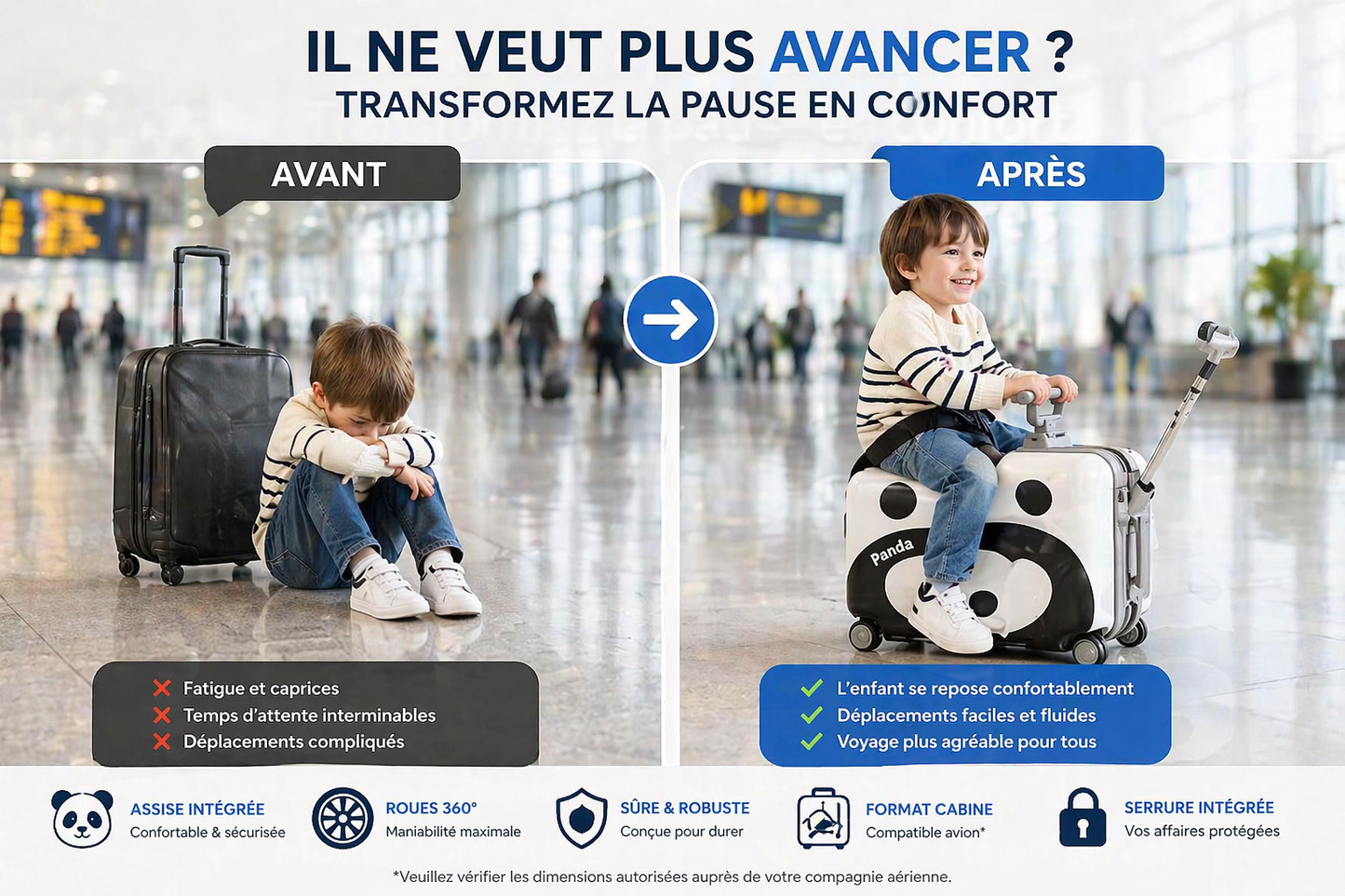 Valise enfant avec assise – Format cabine rigide avec structure pliable | Édition Panda Move